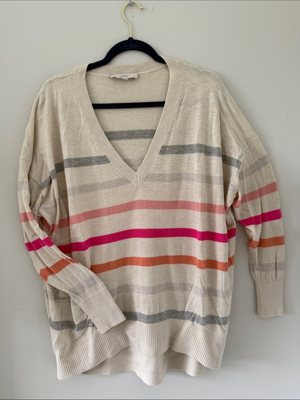 LOFT Cream V-Neck Sweater with Pink, Hot Pink & Orange Stripes